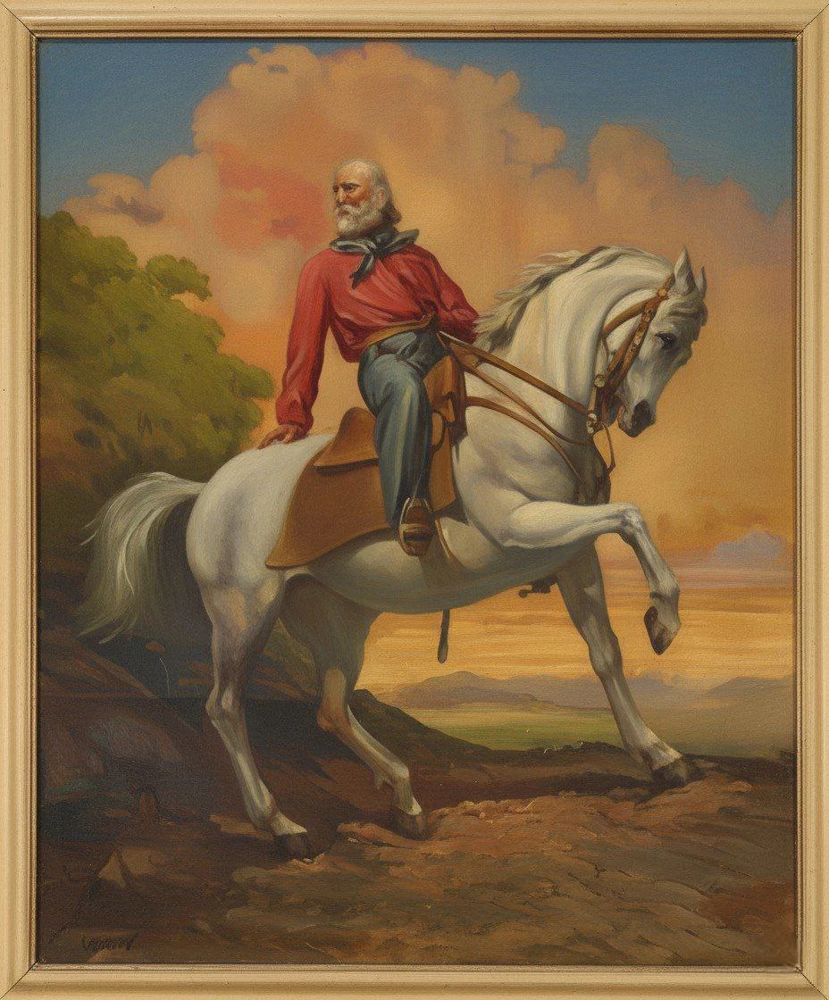 Official portrait of Giuseppe Garibaldi on horseback, the Hero of the Two Worlds.